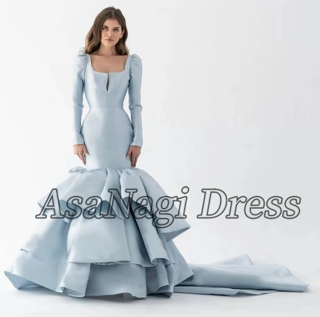 

AsaNagi Heavy Satin Prom Dresses Backless Square Neck Ruffles Sweep Train Formal Party Gown For Women 2023 vestidos de fiesta