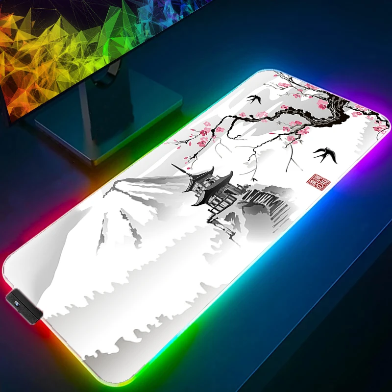 Фото Коврик для мыши со светодиодной подсветкой RGB, ПК, компьютер, геймер, игровой коврик для мыши, клавиатура, настольный коврик, японский дракон, вишневый цвет, аниме, шестигранный ковер №2