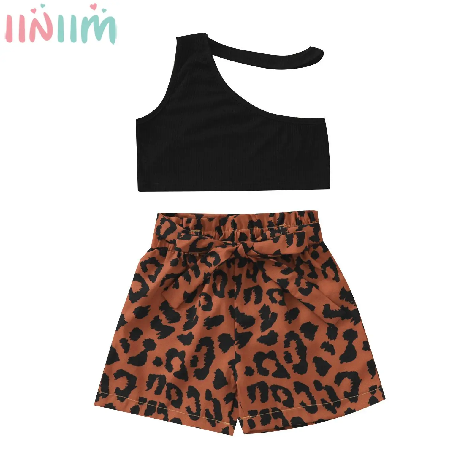 

Toddler Girls Preppy Style Outfit Set Sleeveless Oblique Shoulder Halter Crop Top with Leopard Shorts for Daily Wear Photo Shoot