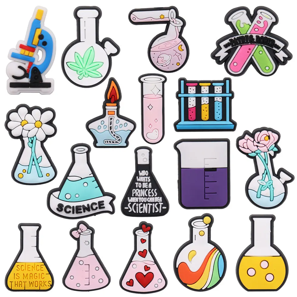 

1PCS School Science Microscope Test Tube Beaker Alcohol Lamp PVC Shoe Charms Decorations for Bands Bracelets Kid Xmas Gift