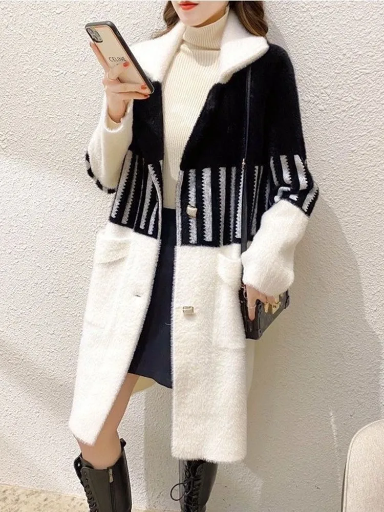 GUUZYUVIZ Suit Collar Medium Long Mink Velvet Women's Coat Thickened Loose Top Winter Knitting Cardigan