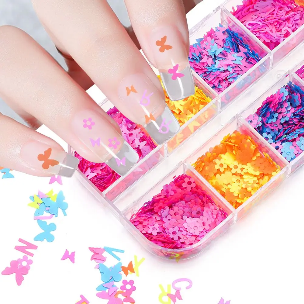 

12 Grids Manicure Nail Art Decorations Fluorescent Butterfly Flower Glitter Sequins DIY 3D Charm Nail Art Accessories