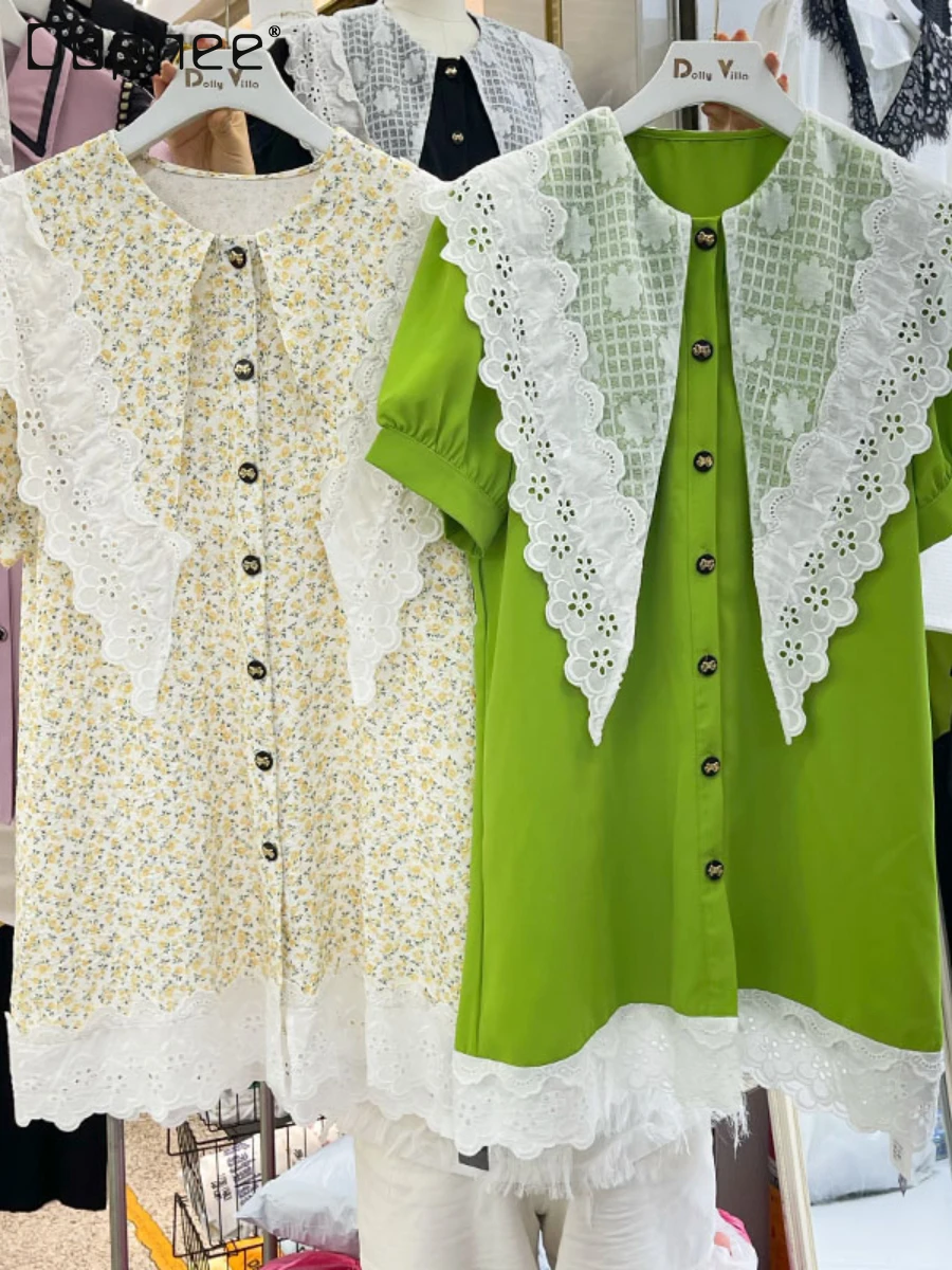 

Bulk Wholesale Items for Small Business Women Shawl Sailor Collar Green Dress 2022 Summer Lace Crochet Puff Sleeve Shirt Dresses