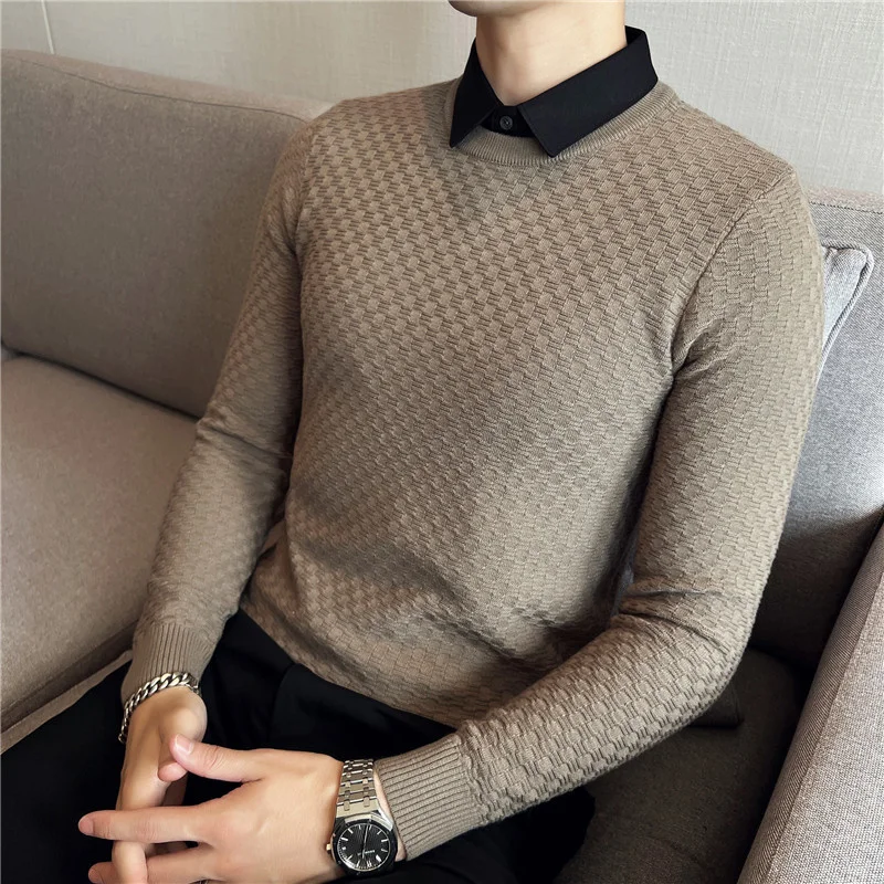 

Fake-2Pieces Top Quality Gentlemen Sweater Men Clothing Fashion Slim Fit Casual Knitted Pullovers Pull Homme Korean Style S-4XL