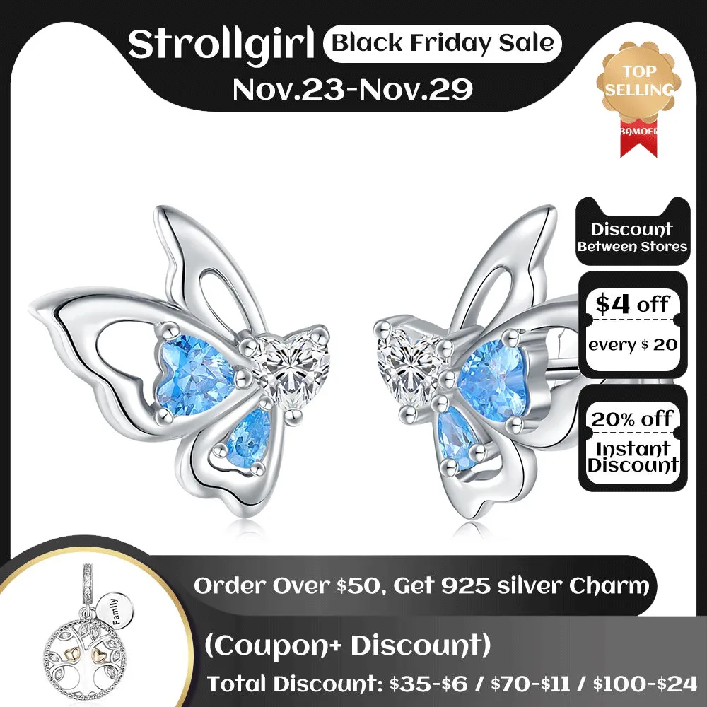 

925 Sterling Silver Butterfly Stud Earrings With Shiny Blue CZ Cute Animal Jewelry Birthday Gifts For Women Daughter Teen Girls