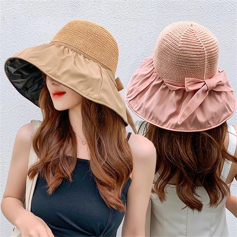 

Summer Beach Sunscreen Bucket Hats for Women Breathable Elegant Sun Hats Bow Knot Seaside Holiday Hollow Straw Hat Panama Hat