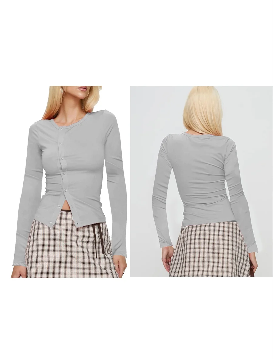 2024 ранняя осень женская узкая рубашка модный однотонный кардиган с круглым