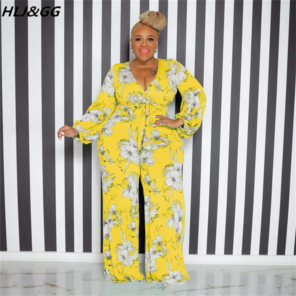HLJ&GG Sexy Deep V Flowers Print Jumpsuit Women Long Sleeve Wide Leg Pants One Piece Romper Casual Lace Up Playsuit Dropshipping