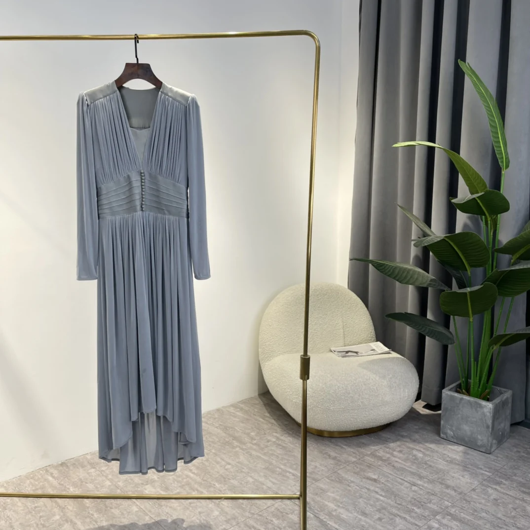 

2022 New Arrival High Quality Grey Black Navy Blue Ribbed Long Sleeve Waist Elegant Vintage Dresses