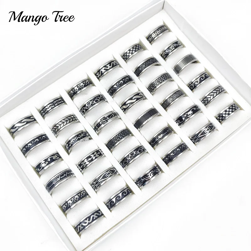 

20/30/50Pcs/Lot Vintage Stainless Steel Rings For Women and Men Punk Engraved Geometry Pattern Mix Wholesale Jewelry Accessories