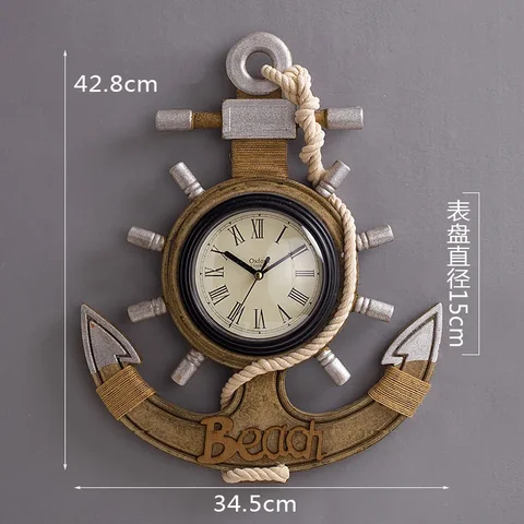 Часы настенные в средиземноморском стиле, настенные ретро-часы с бесшумным якорем из древесного волокна, украшение для дома, кофе, бара