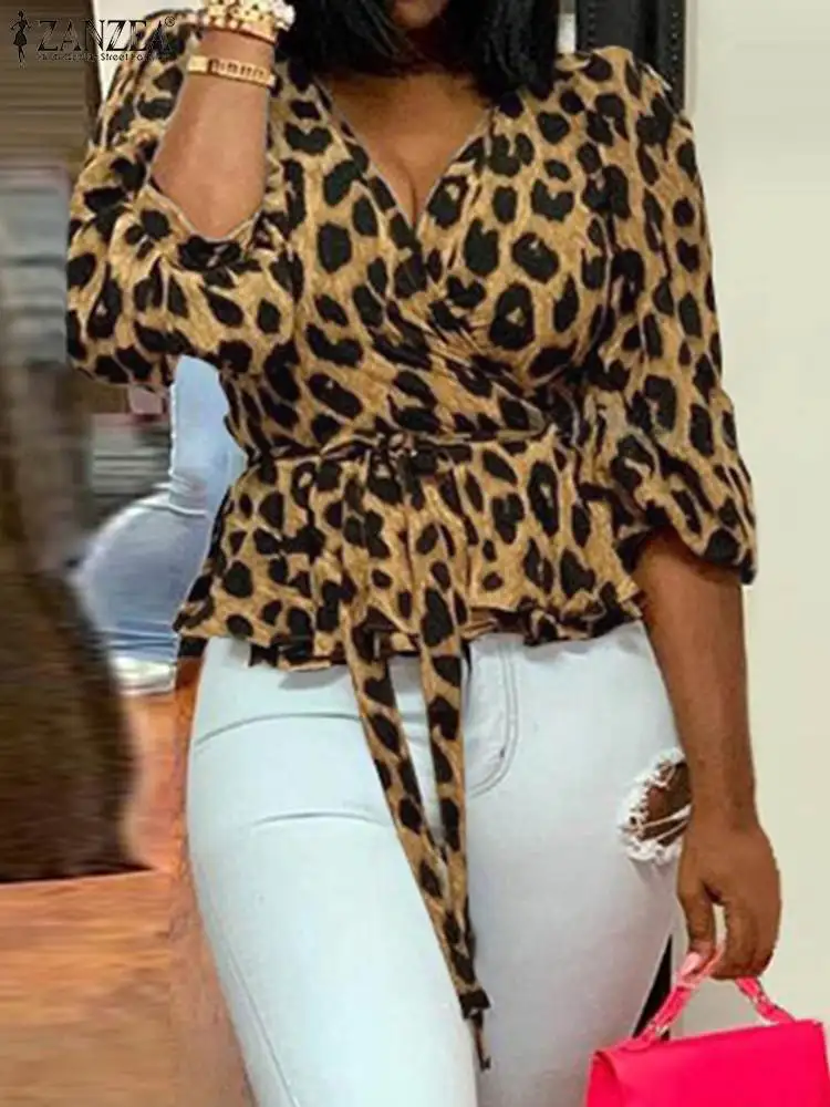Zanzea Топ С Леопардовым Принтом Для Женщин V-образный Вырез Шнуровка Рукав Три