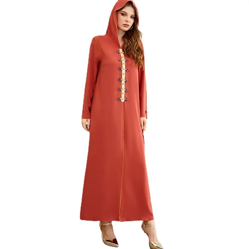 

Party Djellaba Moroccan Hooded Caftan Women Handsewn Arabic Long Dress Muslim Dubai Abaya Jalabiya Evening Wedding Kaftan Orange