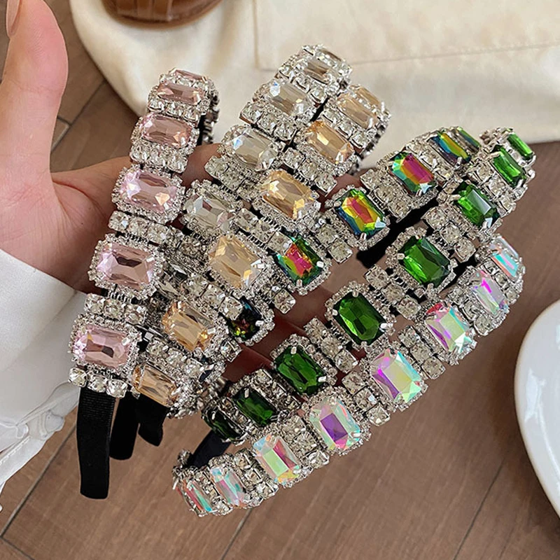 

Baroque Full Diamond Headbands Geometric Crystal Gem Head Hoop Rhinestone Shiny Hair Hoop Alloy Thin Side Hairband Fashion Girls