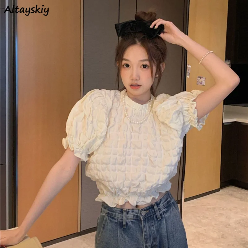 

Puff Sleeve T-shirts Women Summer French Style Folds Design Fashion Loose Casual Crop Elegant Solid Chic Lovely Young Streetwear