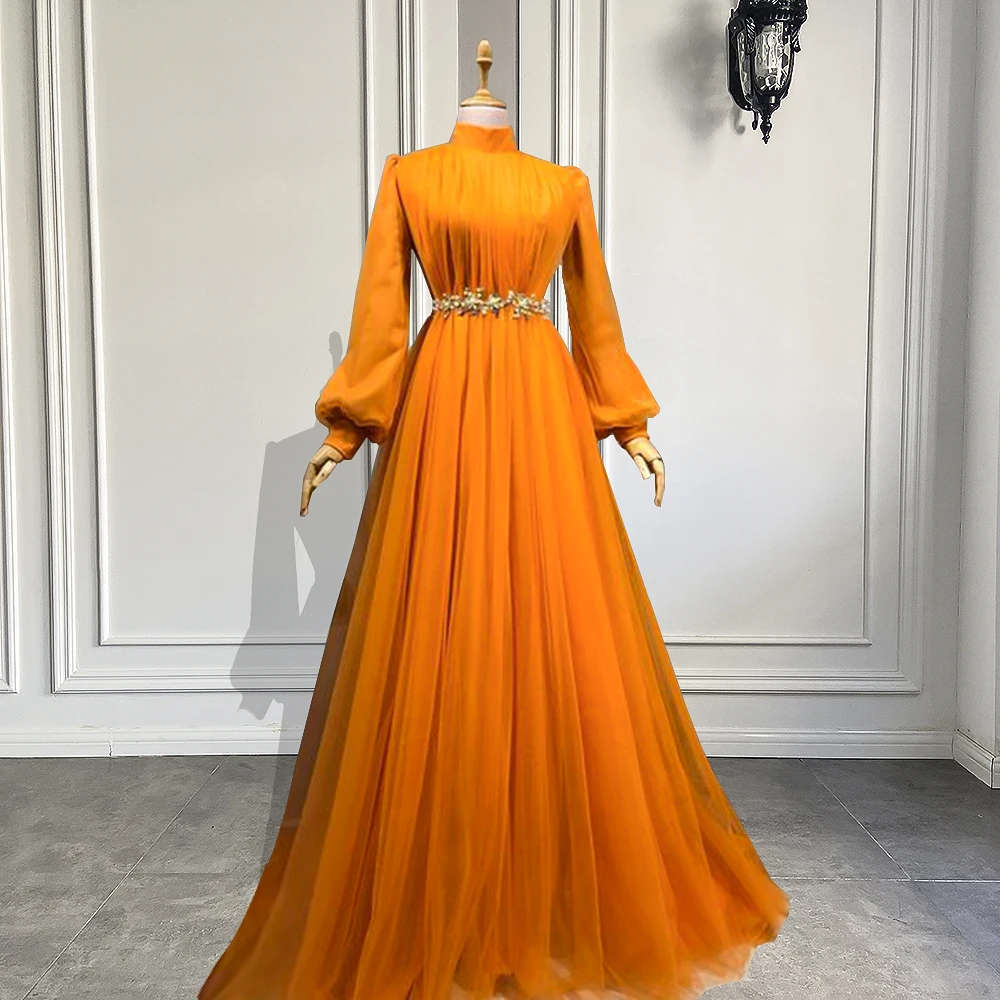

Длинные вечерние платья в мусульманском стиле 2022, с высоким воротом и длинным рукавом, оранжевые женские вечерние платья из тюля для свадьбы