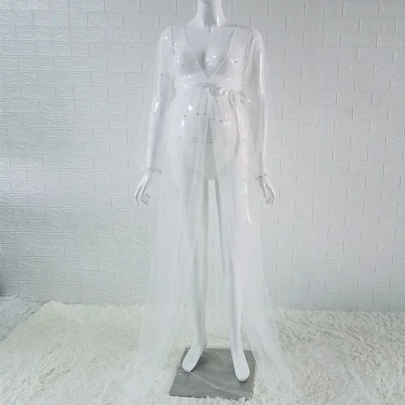 Сексуальные прозрачные платья для беременных белое Тюлевое платье с бисером