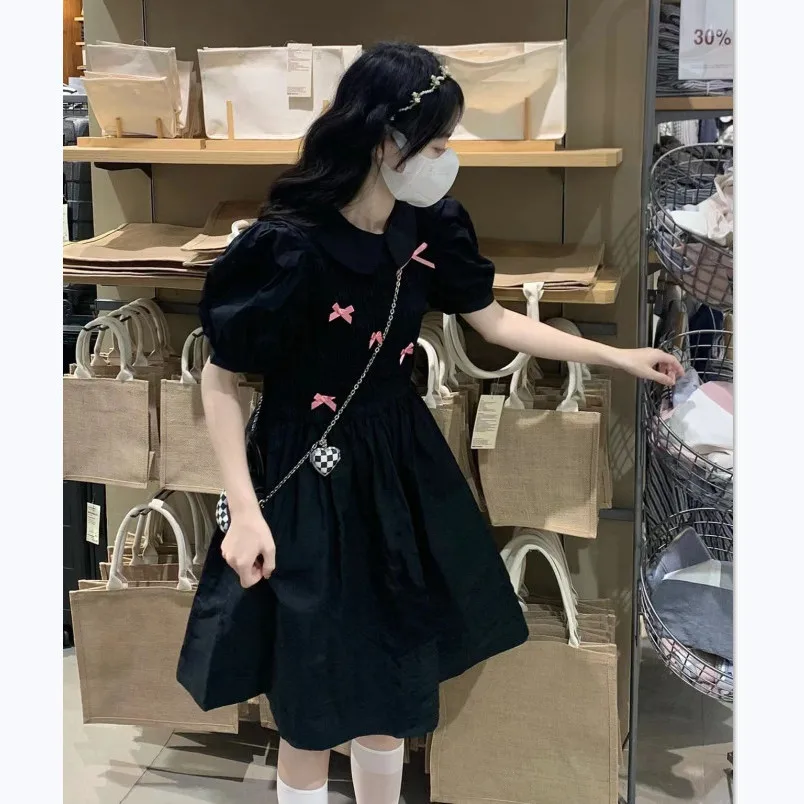 

Black Sweet Korean Version Doll Collar Dress Women's Summer New Bow Student High Waist A-line Princess Dress Vestido