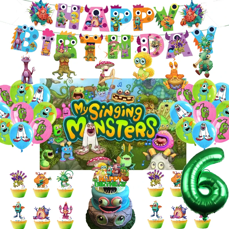 Фото Набор для украшения дня рождения My Singing Monsters: фон, воздушные шары, баннер, топперы для торта, украшения для детского праздника, подарок для ребенка №1