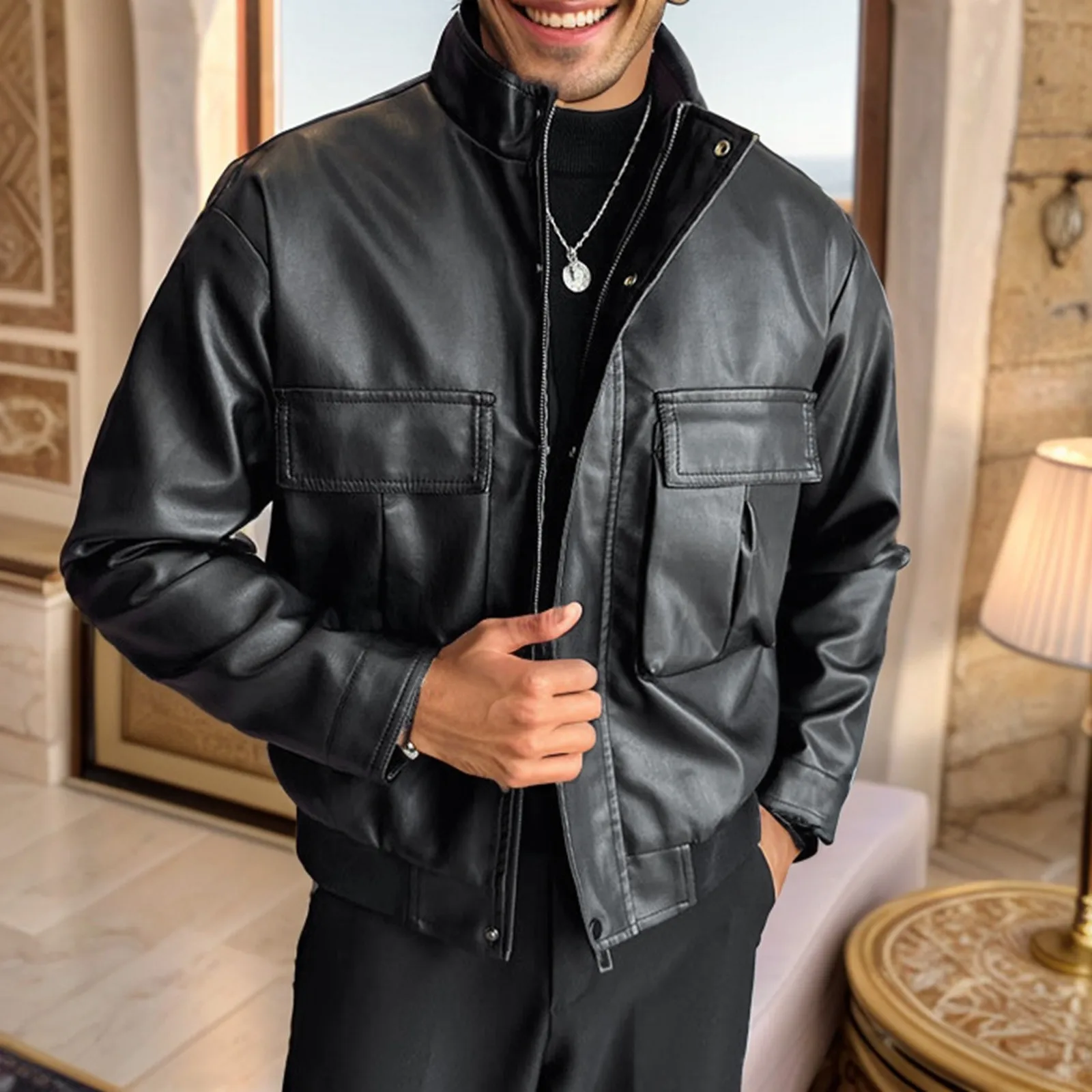 

Autumn And Winter New Men's Leather Fashion Motorcycle PU Leather Coat Casual Multi Men's Outdoor Recreation Jackets & Coats