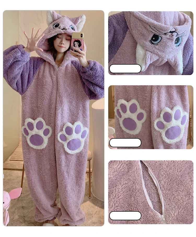 Free Shipping Flannel One-piece Women's Coral Velvet Home Clothes Lovely Cartoon Hooded Pajamas Set Winter Pajamas