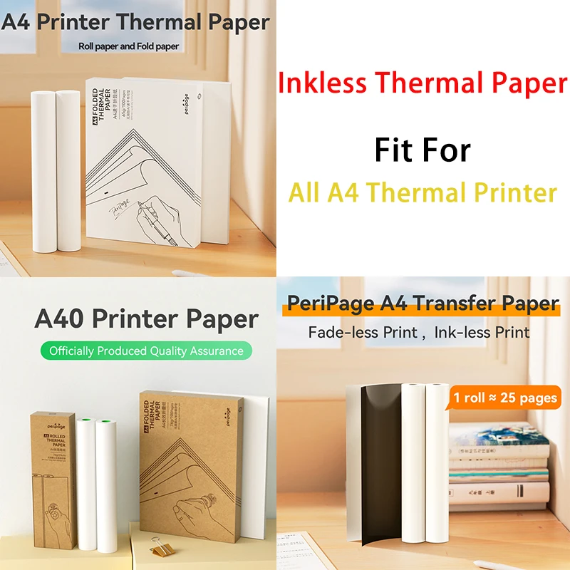 PeriPage A40 Thermal Paper A4 Paper 500 Sheets Printer Paper 210X30mm 210X297mm Thermal Fax Machine Paper 10-15 Years Roll Fold