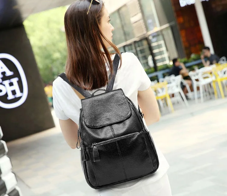 

100% Genuine leather Women Backpack with zippers big capacity black college backpack schoolbag female Travel bag Daypack