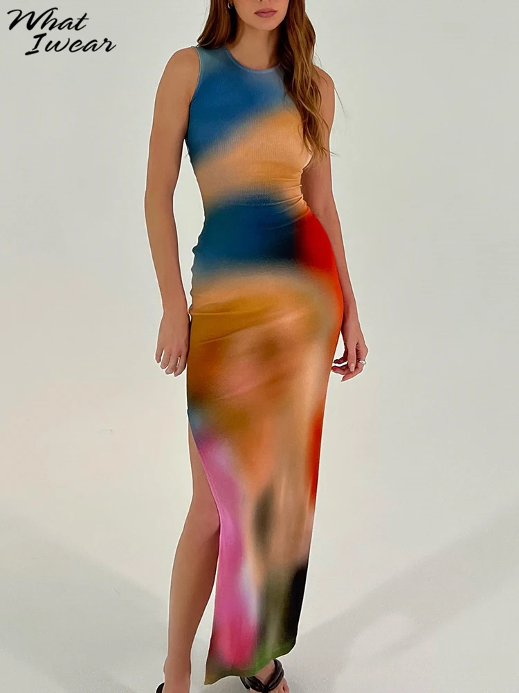 

Whatiwear Fashion Tie Dye Maxi Dress For Women Elegant Tunic Color Match Side Slit Attirewear Sleeveless Casual Go Out Wear