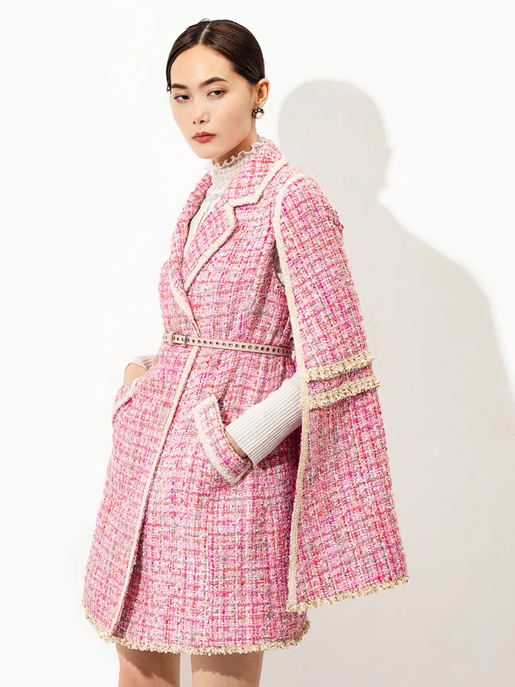 

Fashion Pink Cape Runway Tweed Coat Office Lady Vintage Midi Bat-sleeve Cloak Jakcet 2023 Autumn Winter Women's Clothing Outfit