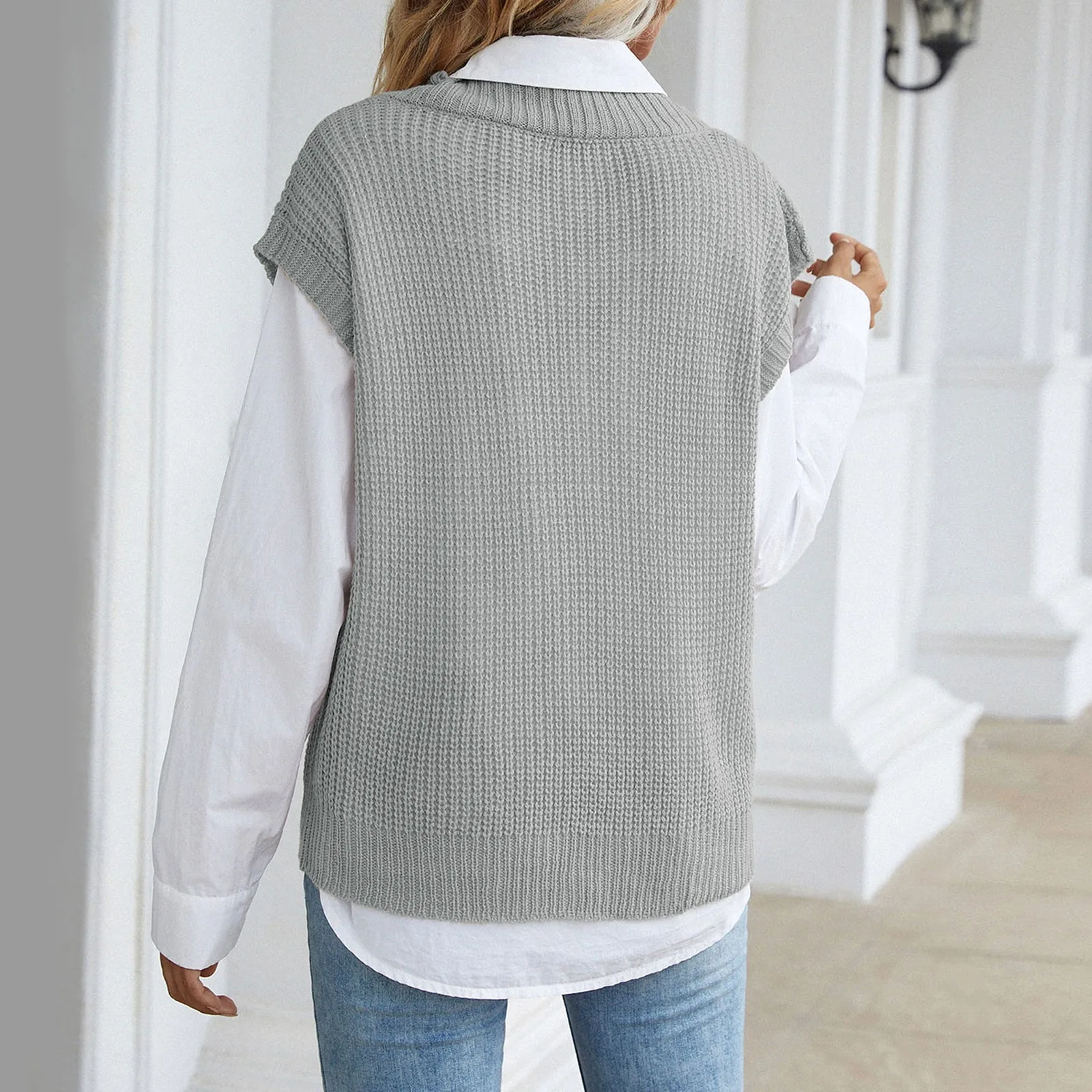 Жилет с V-образным вырезом Женский однотонный вязаный свитер без рукавов