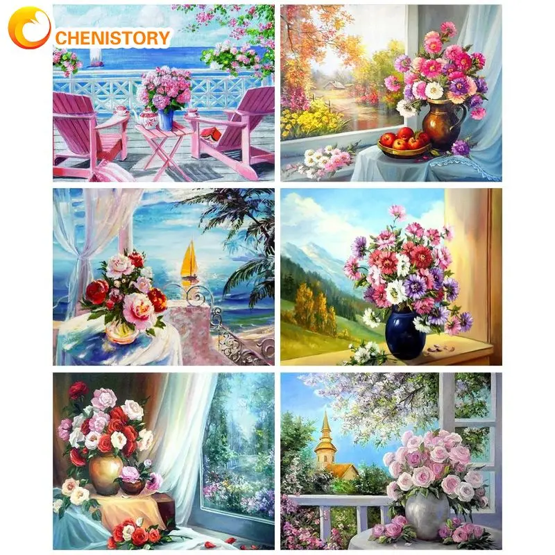 

CHENISTORY Mordern Paint By Numbers Paint Kit Painting On Numbers Handicraft Flowers Beside Windows Home Decors On Canvas Gift