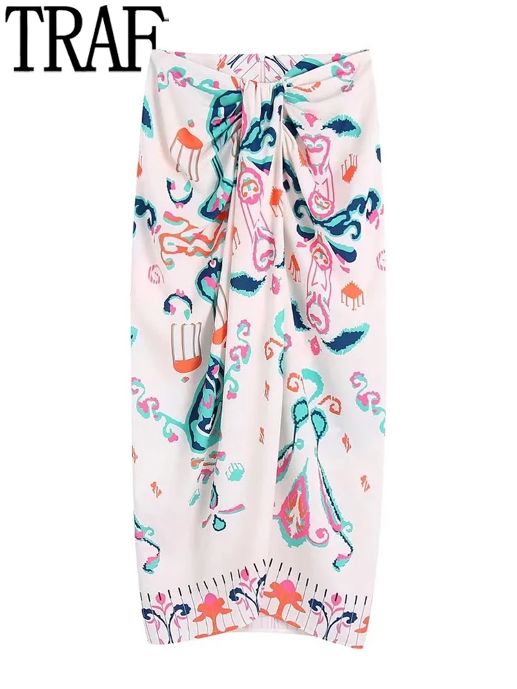 

TRAF Knot Wrap Skirt Women Printed Long Skirts Woman Pleated High Waist Slit Sarong Beach Skirt Summer Split Elegant Midi Skirts