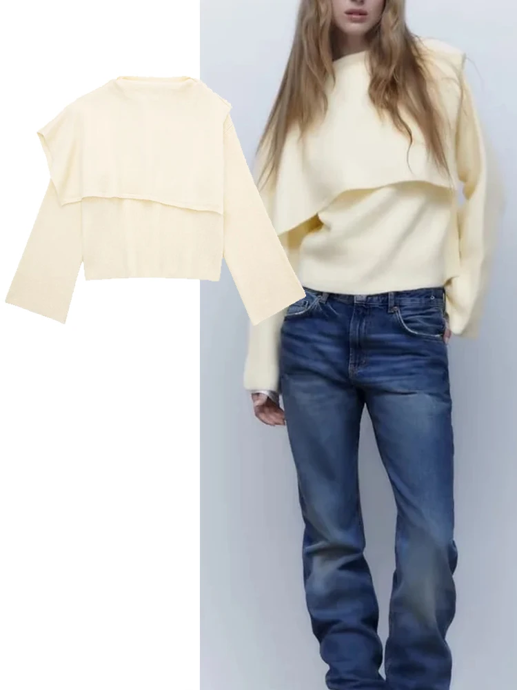 

Женский трикотажный свитер с накидкой, круглым вырезом и длинным рукавом