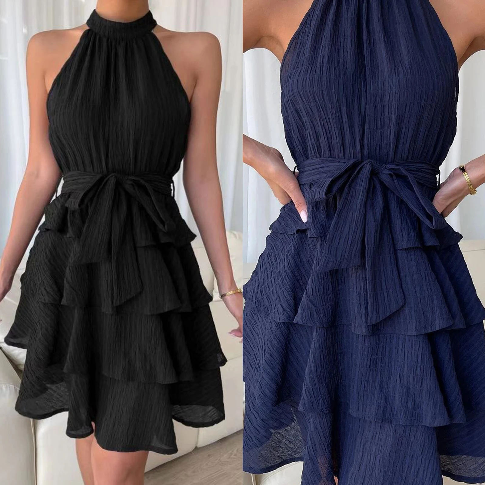 

Summer Beach Dress Ruffle Hem Summer Tunic Dress Sleeveless Elegent Sexy Loose Fit Spicy Girl Solid Color Holidays Vacation