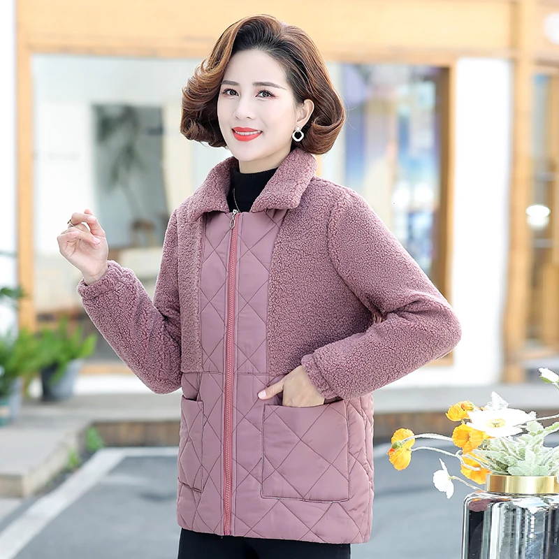Middle-aged and Elderly Women's Coat Winter Jackets Thin Light Warm Plus Velvet Cotton Linen Lattice Jacket Outwear Mother Dress