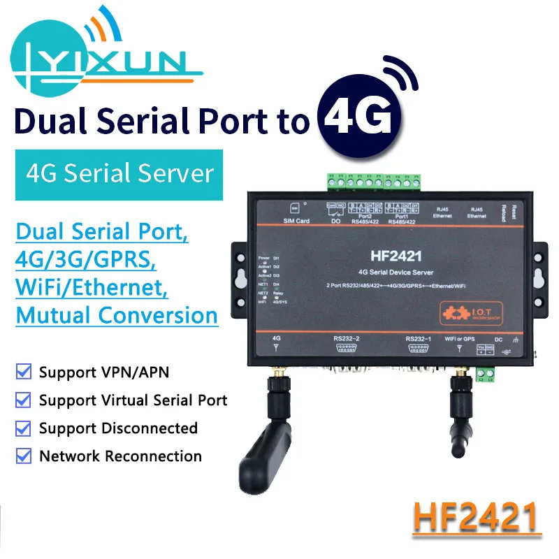 

Dual Port Serial Device Server HF2421 RS232/485/422 to Ethernet Wifi 4G 3G GPRS Network Converter DTU Full Netcom GPS modbus