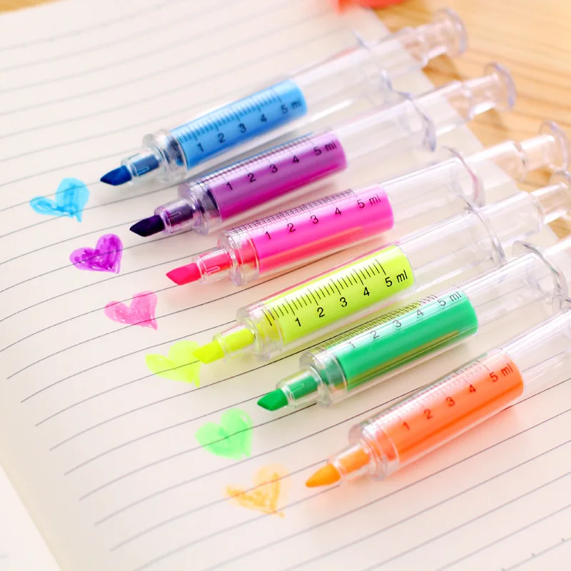 

6 Pcs/set Syringe Highlighter Pen Needle Pens for School Office Painting Marker Colour Fluorescent Pen Stationery