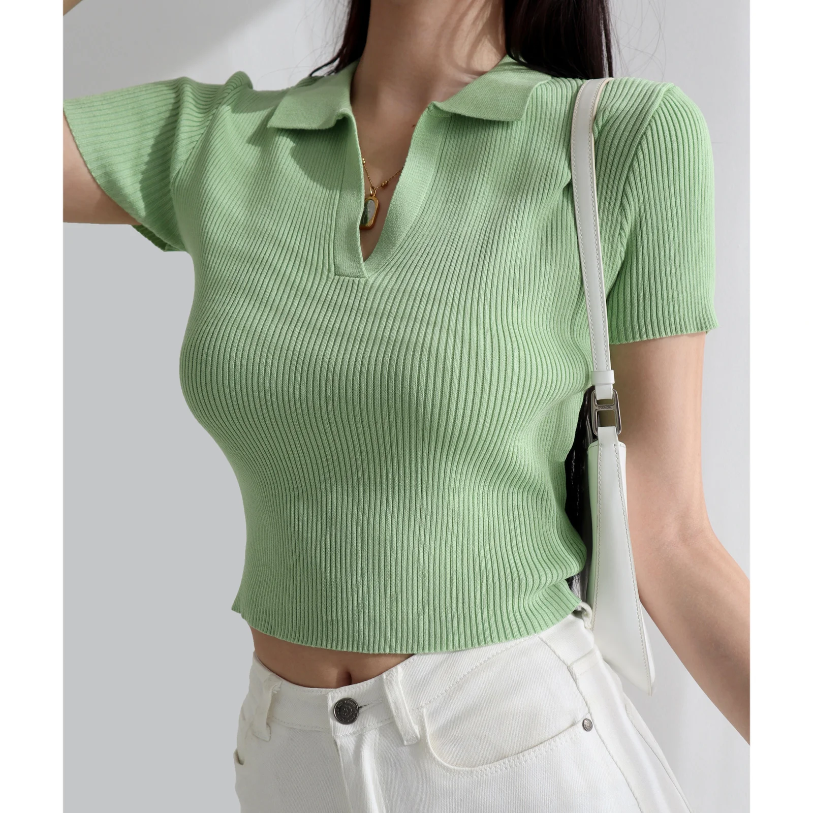 

TVVOVVIN Polo Lapel Pit Stripe Knitted Short-sleeved T-shirt Women's Elastic Loose Thin Solid Color Versatile Top Tees DBEY