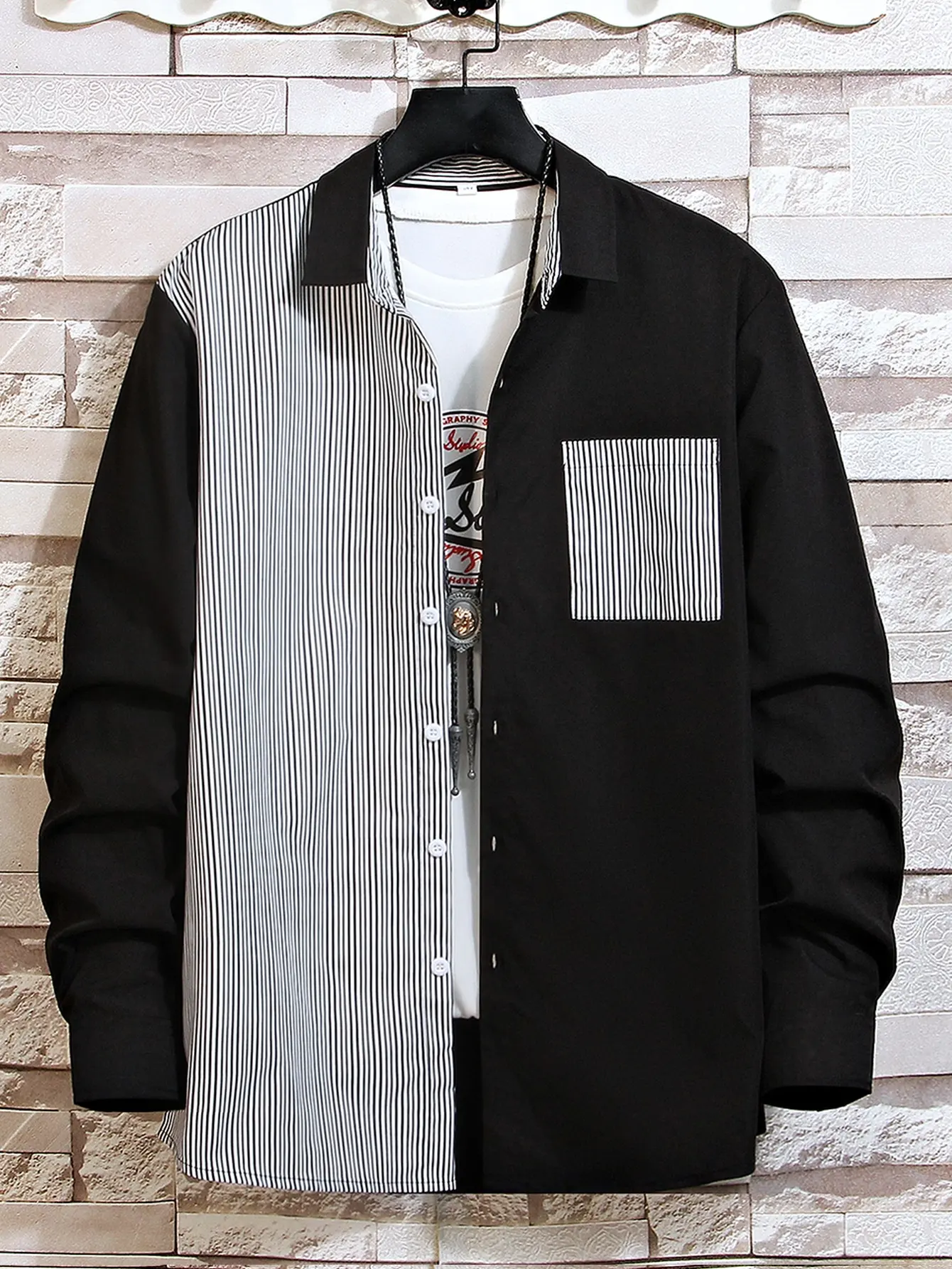 

Мужская однобортная Повседневная рубашка, однобортная рубашка контрастных цветов с длинными рукавами, отложным воротником и карманами, Но...