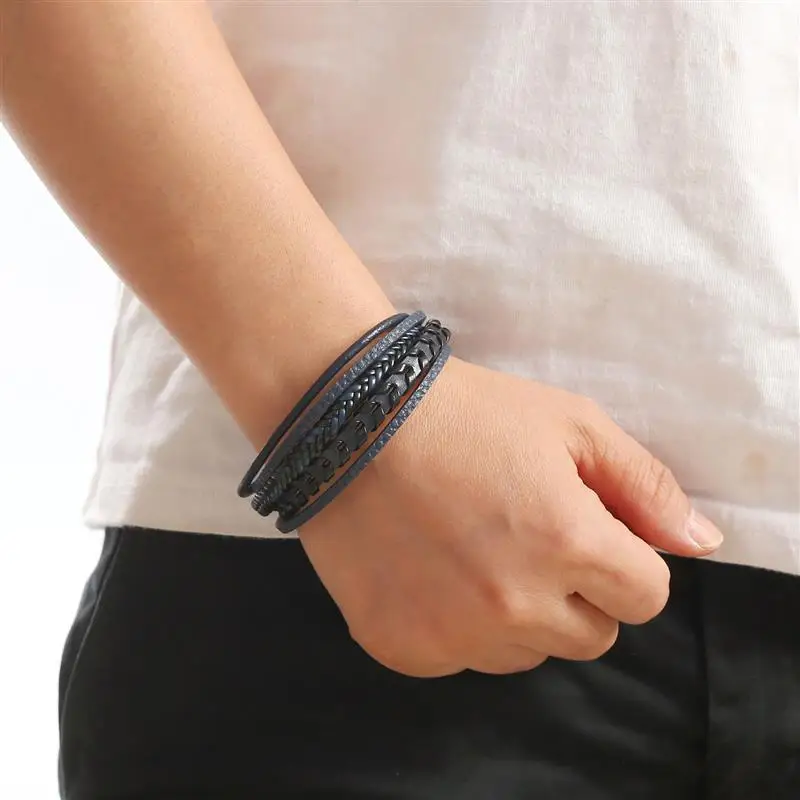 

Fashion Braided Rope Woven Multilayer Leather Men Bracelets Punk Stainless Steel Bangle for Friend Charm Jewelry Gifts