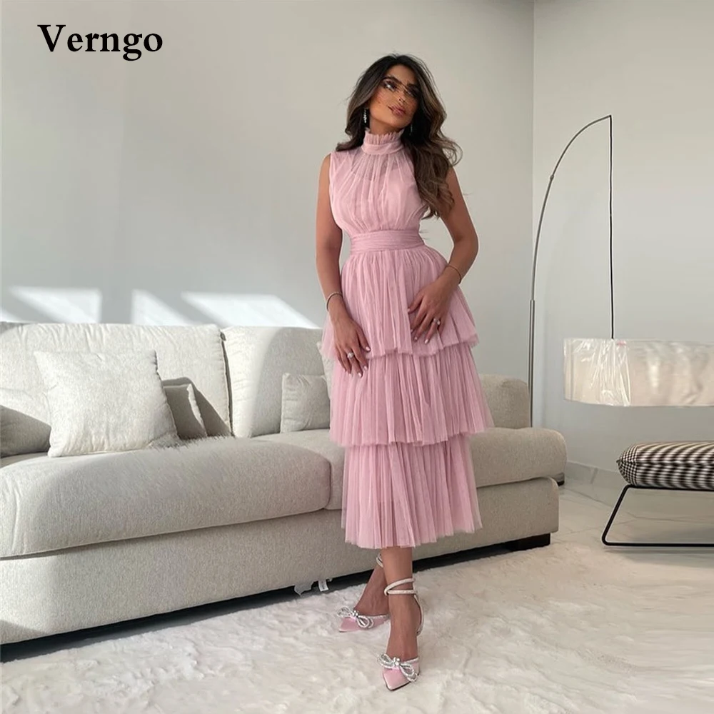 

Verngo Vintage Dusty Pink Prom Dresses Tulle High Neck Tiered Skirt Tea Length Evening Party Gowns Saudi Arabic Formal Dress