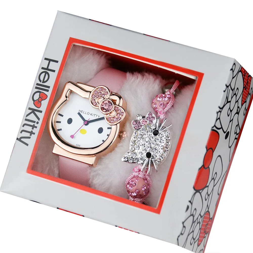 

Sanrio Hellokitty Watch Wholesale 3 Piece Set Box Girl School Student Cartoon Watch Women's Diamond Bracelet Kawaii Girl Gift