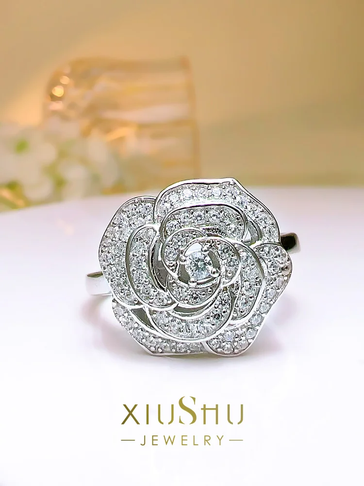 

Полноразмерное кольцо с камелией и бриллиантами с искусственным роскошным внешним видом, точное 3D отверстие, универсальное серебро 925 пробы, повседневная версия