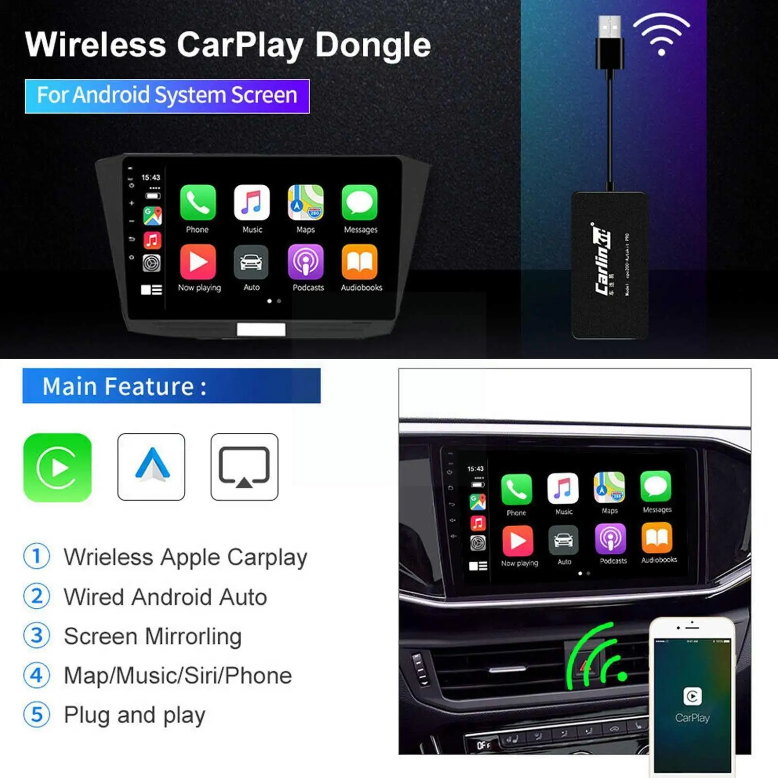 

Новый CarlinKit мини беспроводной CarPlay ключ автомобильный мультимедийный плеер USB Android автомобильный навигационный плеер адаптер для автомобил...