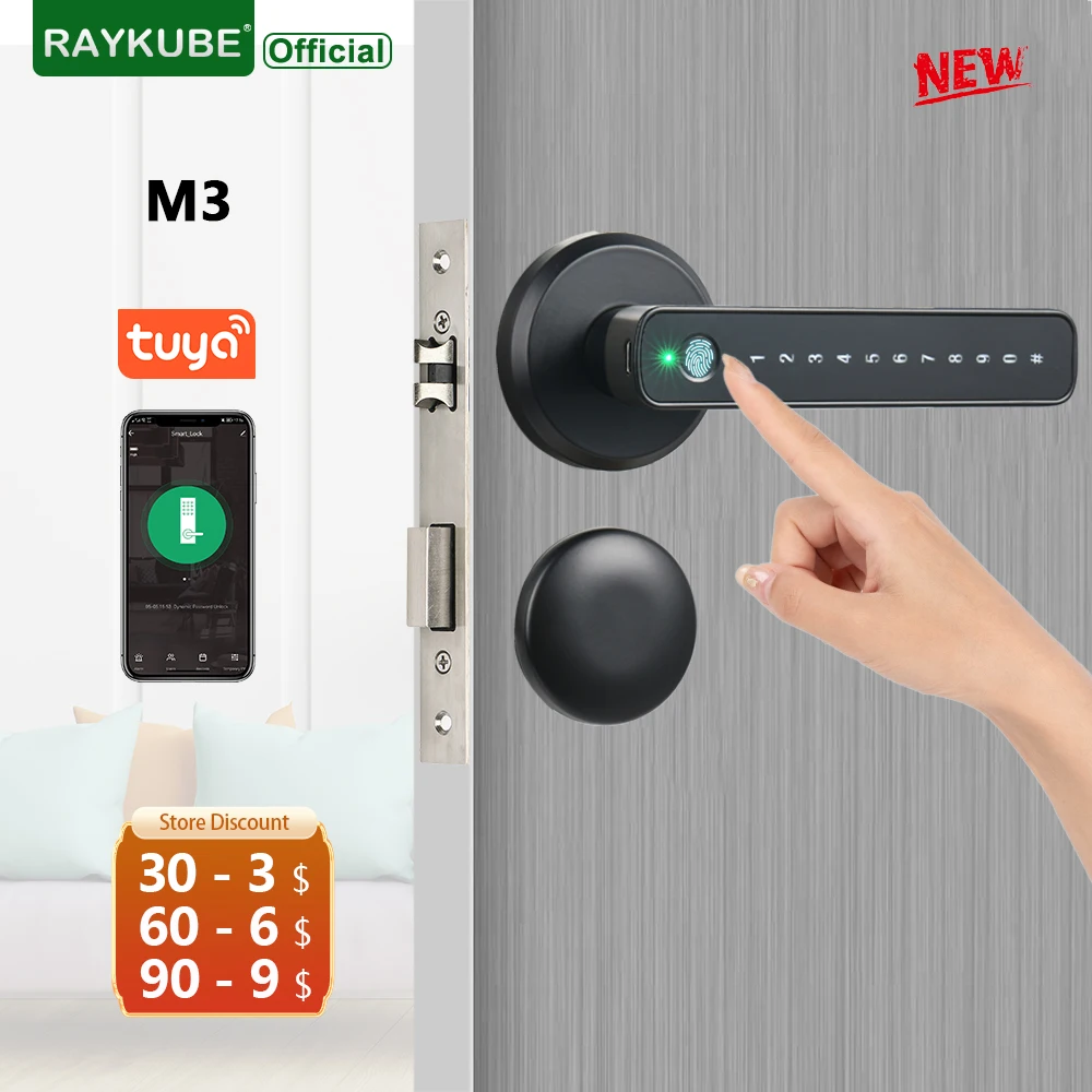 

RAYKUBE M3 Tuya BLE Smart Fingerprint Door Lock Password Lock with Keys Smartlife/Tuya APP Unlock For Indoor Wooden Metal Door