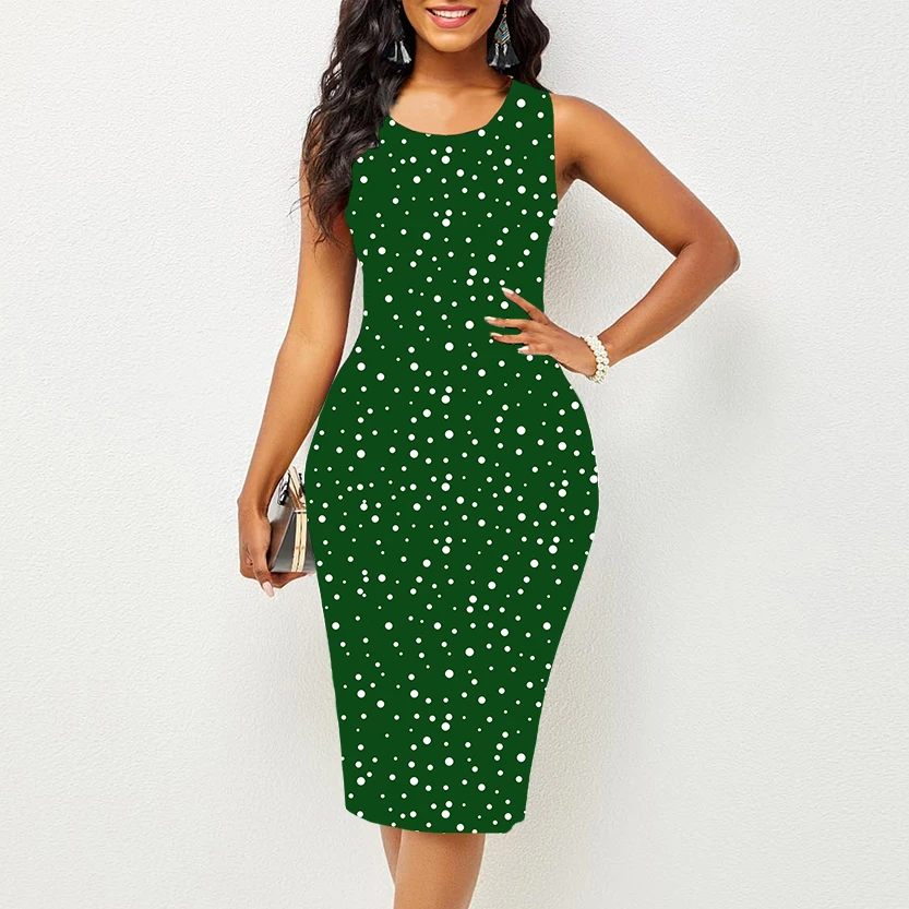 

Женское платье без рукавов, зеленая модная прямая юбка в горошек с волнистым принтом, летняя модная повседневная Юбка До Колена с круглым вы...