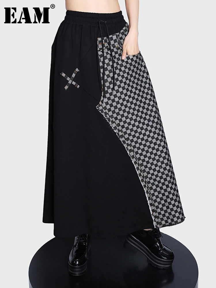 

[EAM] High Elastic Waist Black Plaid Long Deim Casual Half-body Skirt Women Fashion Tide New Spring Autumn 2022 1DE6692