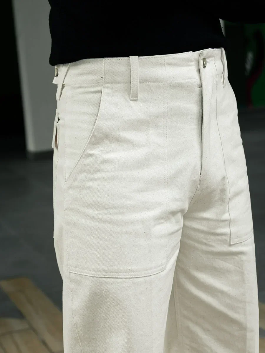 Men's retro overalls high waisted loose fitting straight white pants OG107 bread American Navy deck