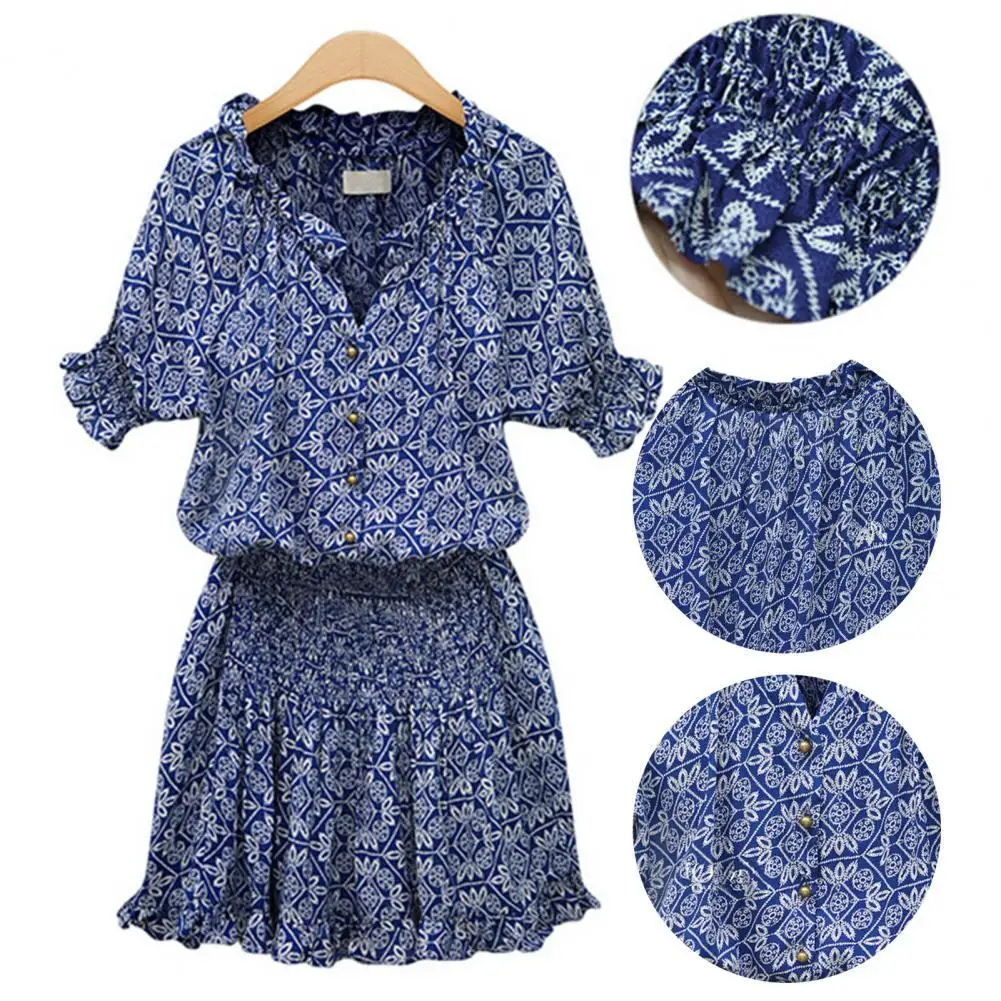 

Faddish Summer Dress Elastic Waist Soft Texture Casual Dress Printed A-line Female Mini Dress