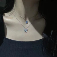korean silver color butterfly zircon necklace for women fashion water drop bowknot rose pendant choker jewelry wedding gift 2022